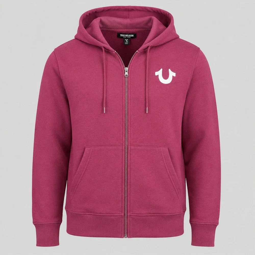 True‎ Religion Mens Horseshoe Logo Zip Up Hoodie Burgundy Large Regular Fit